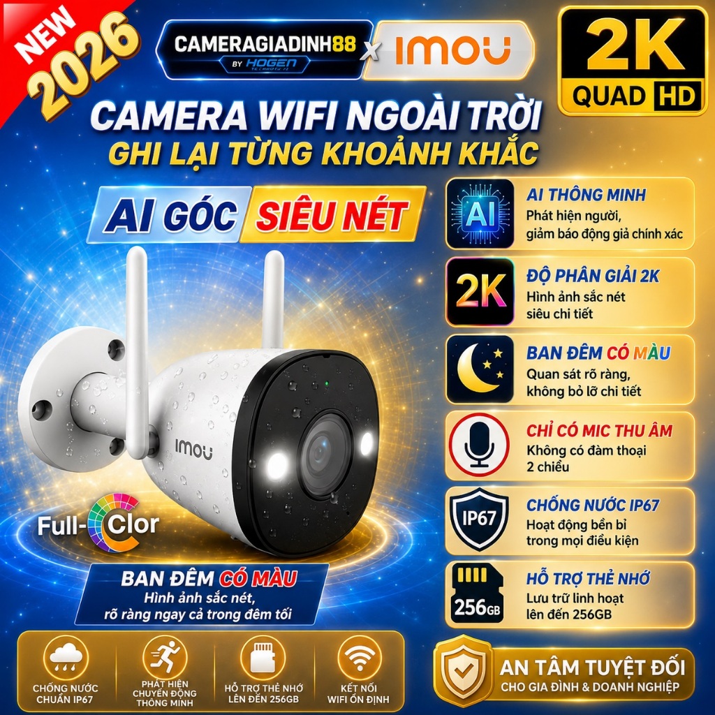 Camera Wifi IMOU Ngoài Trời, Camera có Màu ban đêm F32P, F32FP, S3EP, F52P 3MP/5MP 2K 3K Chính Hãng