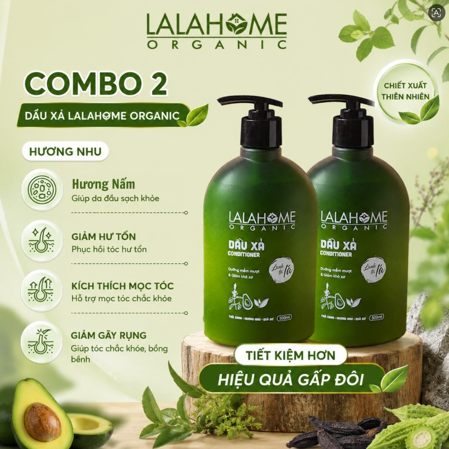 [Combo 2 Chai ] Dầu Xả LALAHOME ORGANIC Chiết Xuất Trà Xanh, Hương Nhu, Quả Bơ- dung tích 500ml