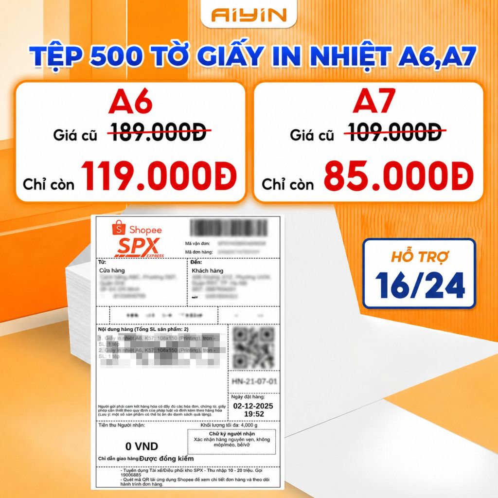 Giấy In Nhiệt A6, A7 Tệp 500 Tờ, Giấy In Đơn Hàng, In Đơn TMĐT, Có Sẵn Keo Dán