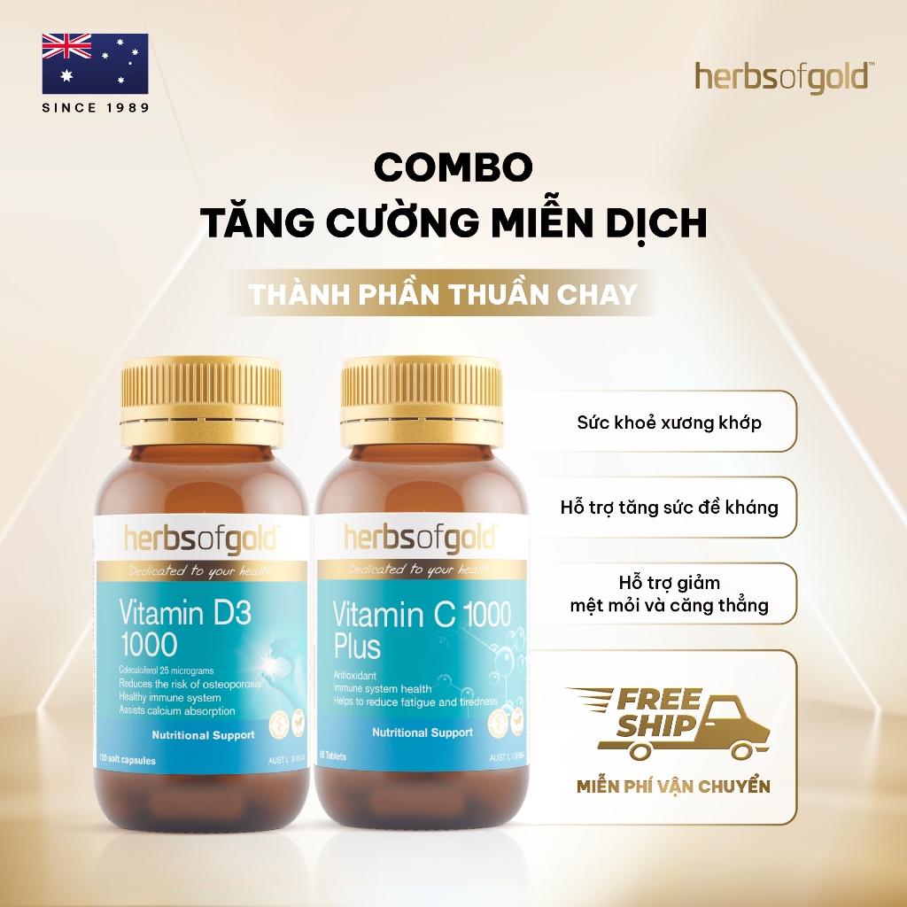 Combo Viên Uống Herbs of Gold Vitamin D3 1000IU & Vitamin C 1000 Plus Tăng Đề Kháng, Khỏe Xương