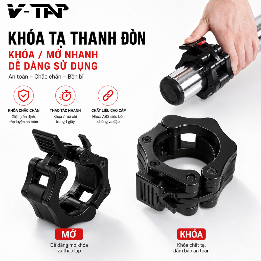 Kẹp Khóa Thanh Đòn Tạ V-TAP, Khóa Tạ Bản Nâng Cấp Rộng 25mm,50mm Phù Hợp Với Thanh Đòn 50mm