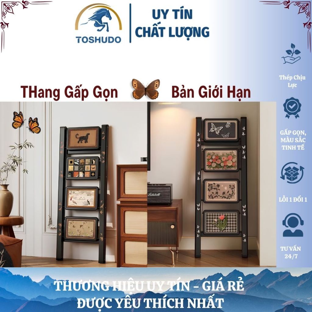 Thang Gấp Gọn TOSHUDO Bản Đặc Biệt (2 Bậc - 3 Bậc - 4 Bậc) – Thép Chịu Lực Cao Cấp, Họa Tiết Tinh Tế