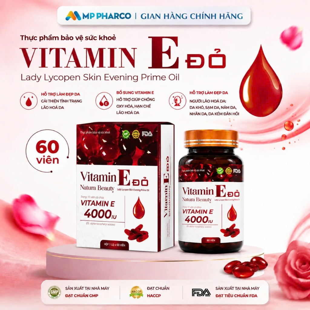 TPBVSK Vitamin E Đỏ Natura Beauty Lady Lycopen  Skin Evening Prime Oil (hộp 60 viên ) Hỗ trợ chống oxy hóa làm đẹp da