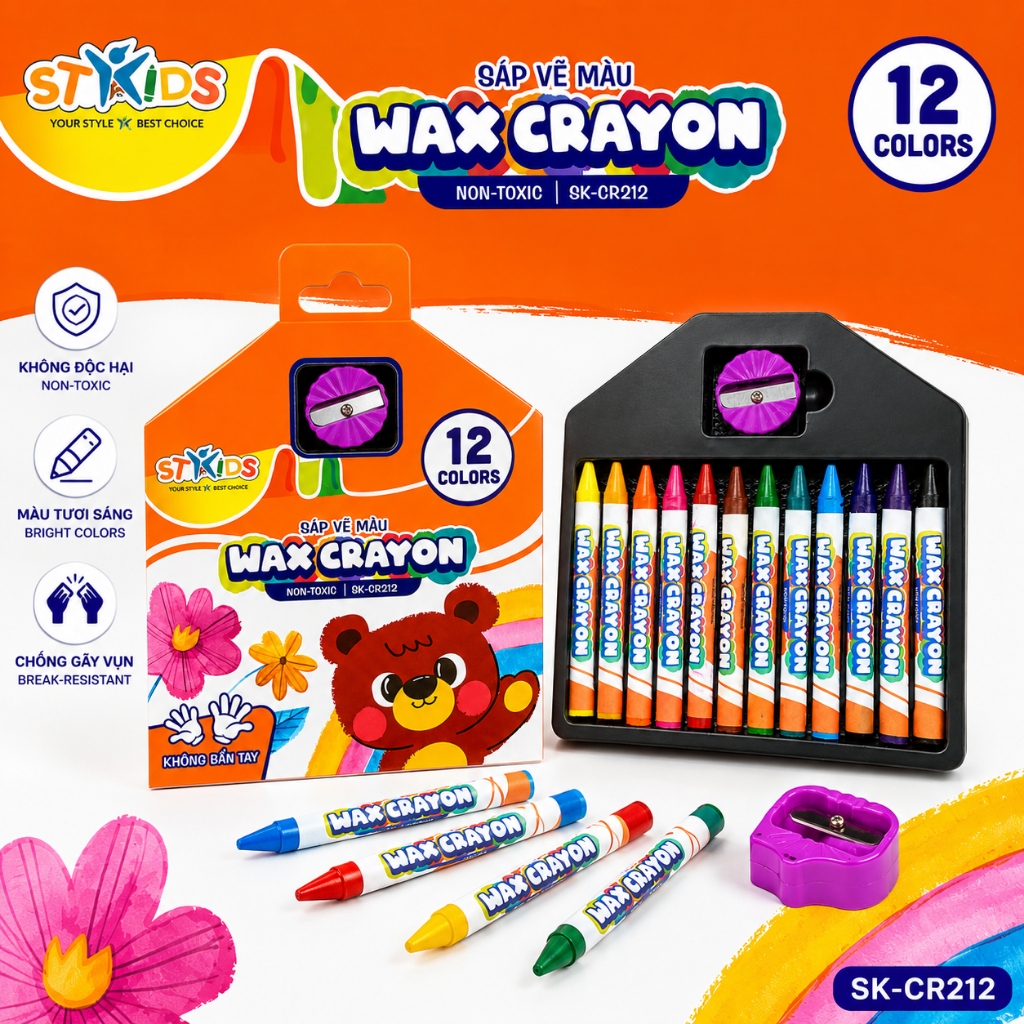 Combo 05 bộ sáp vẽ 12 màu Wax Crayon Stacom CR012W, màu tươi sáng, chống gãy, bám màu tốt | Xả Kho Giá Tốt