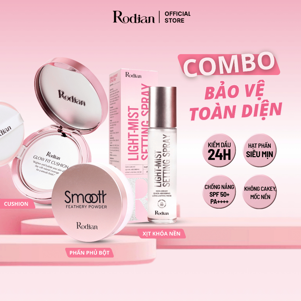 Combo Phấn Phủ Kiềm Dầu Và Chống Nước Rodian, Cushion Chống Nắng Lâu Trôi, Xịt Khóa Nền Trang Điểm