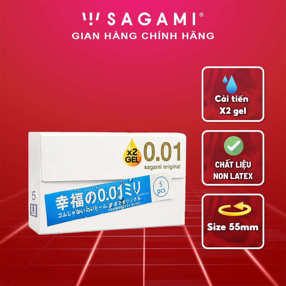 Bao cao su Sagami 001 Extra - X2 gel bôi trơn - Non latex - Siêu mỏng 0.01 mm - 01 Hộp