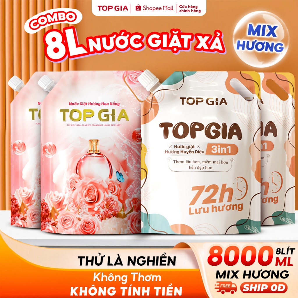 [COMBO MIX TIẾT KIỆM] Nước Giặt Xả TopGia Hương Huyền Diệu & Hoa Nắng Lưu Hương Lâu 72H, Túi 2L,1L