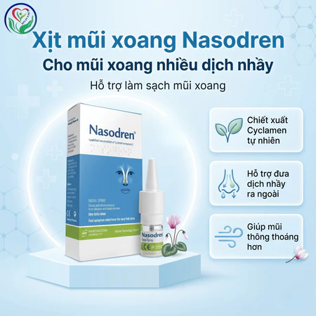 Xịt mũi xoang Nasodren 50mg hỗ trợ làm sạch dịch nhầy, giảm khó chịu vùng mũi xoang