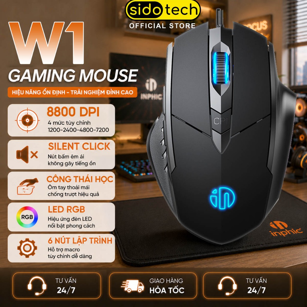 Chuột gaming máy tính có dây game thủ SIDOTECH INPHIC W1 silent chống ồn 6 nút bấm 8800DPI led RGB