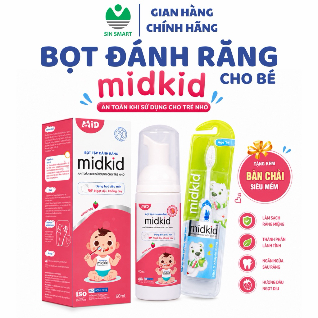 Kem đánh răng midkid dâu cho bé dạng bọt tập đánh răng Midkid cho bé từ 1 tuổi ngăn ngừa sâu răng Sin Smart
