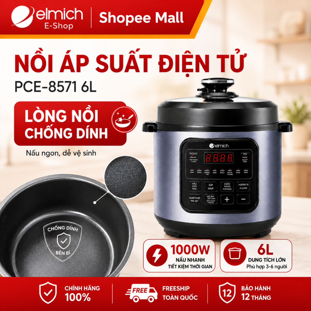 Nồi Áp Suất Điện Elmich PCE-8571 6L 1000W, Lòng Chống Dính, nấu Đa Năng, dùng gia đình