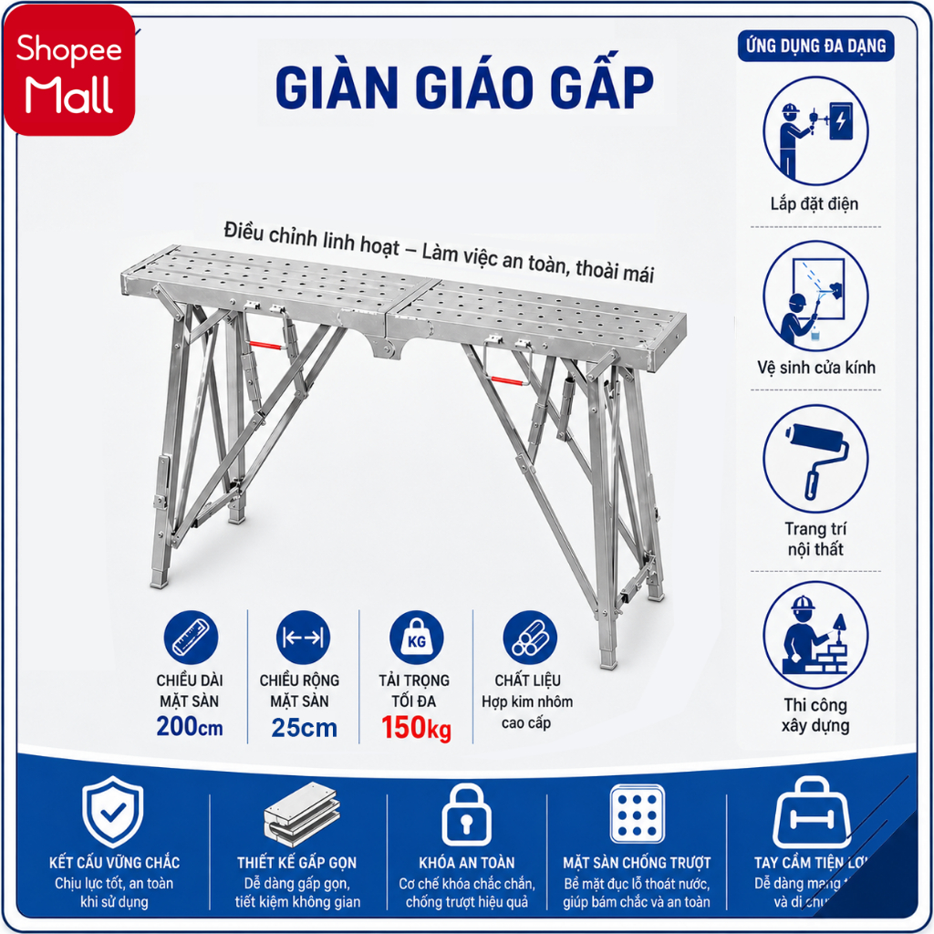 Giàn giáo gấp gọn, Thay đổi chiều cao theo ý muốn, Gấp gọn mang theo - Hàng chính hãng NIKITA - MD02