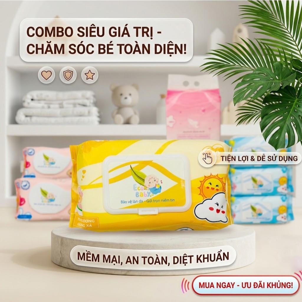 Khăn Ướt EcoBaby An Toàn Cho Bé - Thành Phần Tự Nhiên, Dịu Nhẹ, Đa Năng | KUKM/KUCM