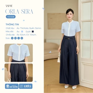 Set Nữ Thiết Kế YAME Công Sở Áo Sơ Mi Cổ Tàu & Quần Ống Suông Cạp Cao, Xếp Ly, Set Công Sở Thanh Lịch  - ORLA YS1008