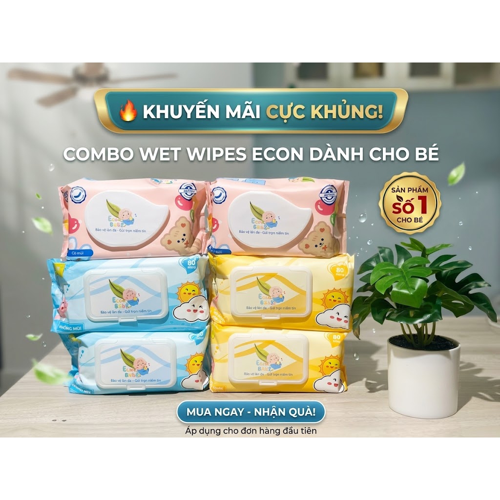 [THÙNG 5 GÓI - KHÔNG MÙI] Khăn Ướt EcoBaby Cao Cấp, Lau Bếp Lau Bàn, Mềm Dai | 5KUKM