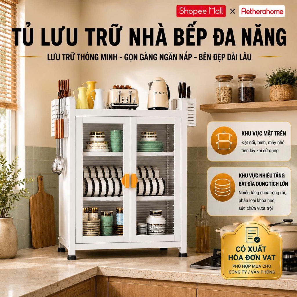 Kệ Để Bát Đĩa 3 Tầng Nhà Bếp AETHERAHOME Tủ Đựng Chén Dĩa Đa Năng Thép Có Cửa Chống Bụi Cao 60