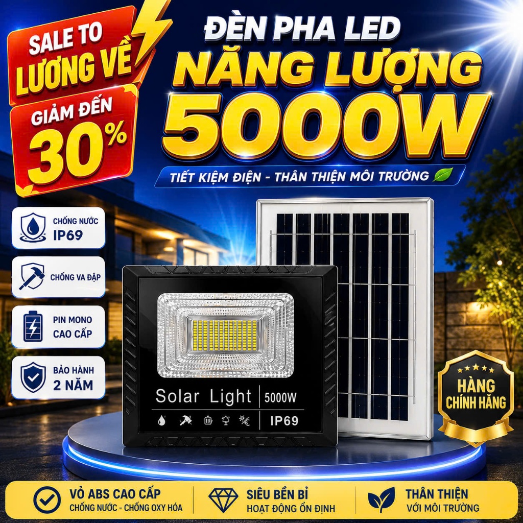 Đèn Năng Lượng Mặt Trời - Công Suất 5000W - Vỏ Nhựa ABS-Chống Nước IP69 - Không tốn tiền điện. An toàn Tự động bật/tắt
