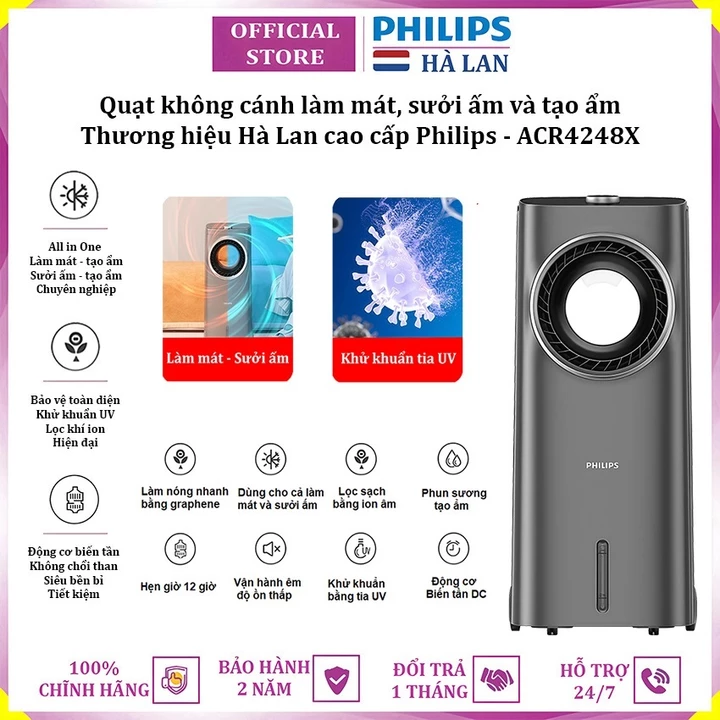 Quạt không cánh lọc không khí ion âm, khử khuẩn UV, phun sương tạo ẩm kiêm máy sưởi ấm mùa đông Philips ACR4248X