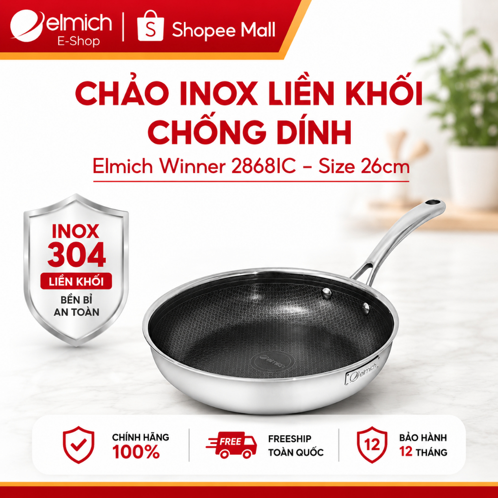 Chảo Chống Dính Tổ Ong Elmich Winner EL2868IC Inox Nguyên Khối Dùng Bếp Từ Size 20-28cm chính hãng