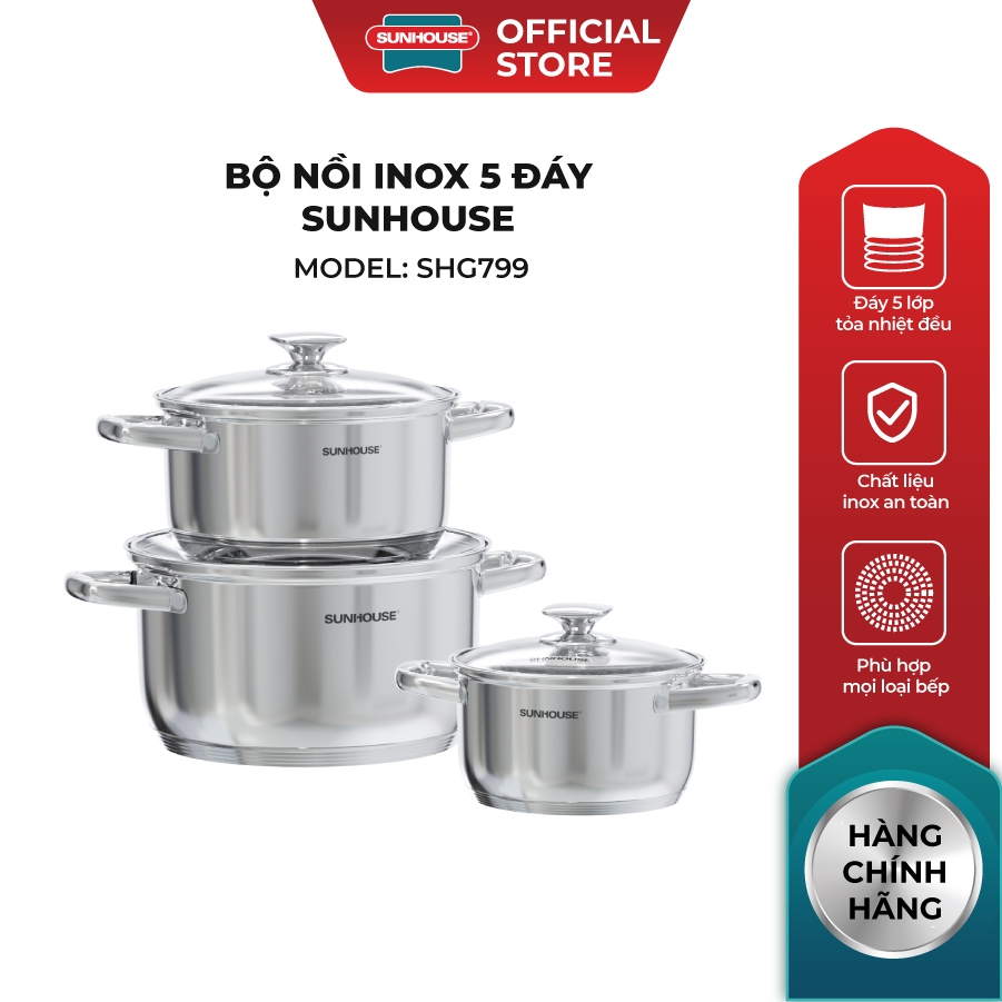 Bộ nồi Inox 5 đáy Sunhouse SHG799 - Đáy từ 5 lớp vượt trội - Inox cao cấp -  Dùng mọi loại bếp | BigBuy360 - bigbuy360.vn