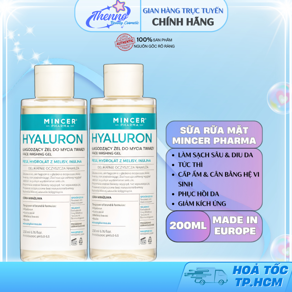 Sữa Rửa Mặt Làm Sạch Sâu Lớp Trang Điểm, Dầu Thừa và Dưỡng Ẩm Mincer Pharma Hyaluron Facial Cleansing Gel 405 200ml