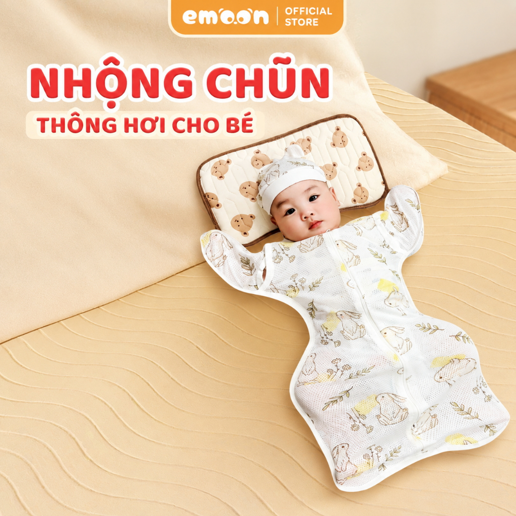 Nhộng chũn tơ tằm thông hơi cho bé Emoon cho bé từ 0-6 tháng mềm mại, thoáng mát, kháng khuẩn an toàn cho bé