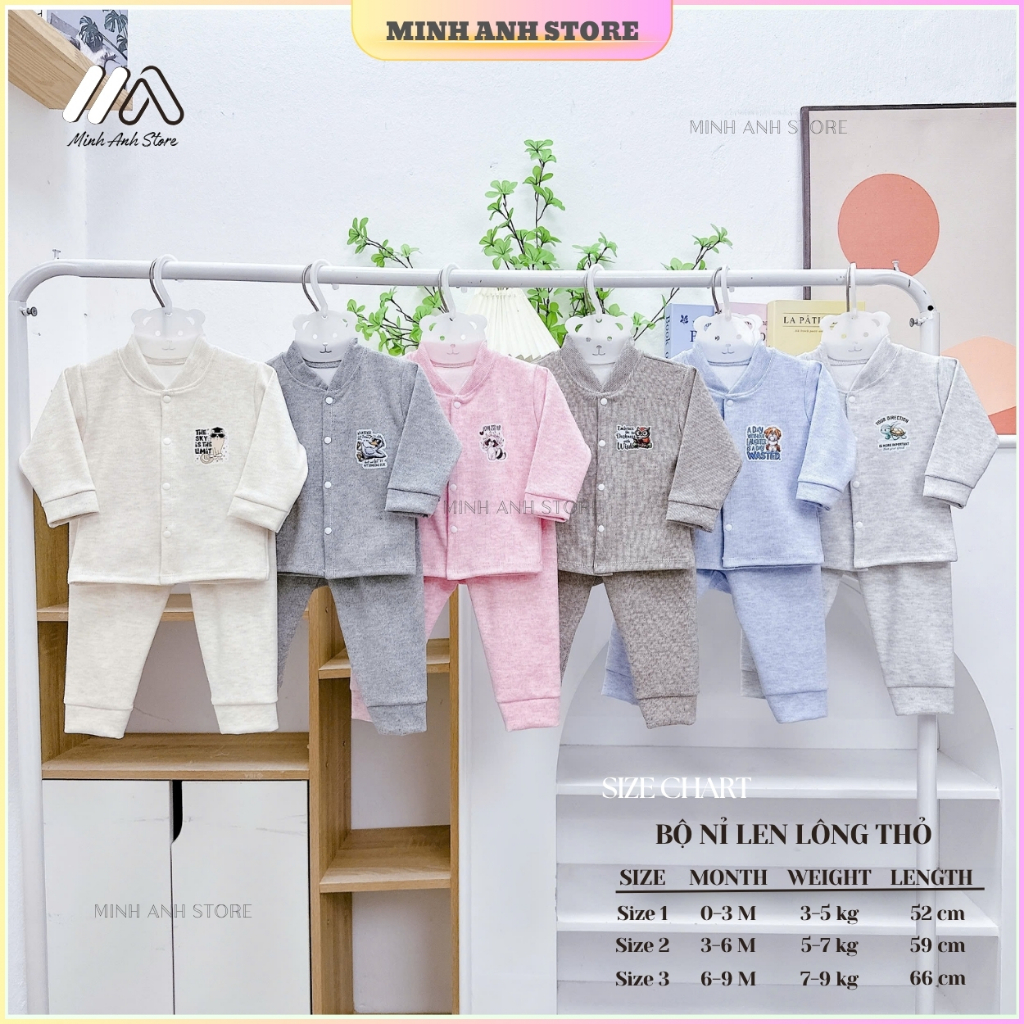 [Set 2-3-5] Bộ quần áo nỉ tăm lông thỏ cúc giữa quần đáp mông mềm mại giữ ấm tốt cho bé (NEW)
