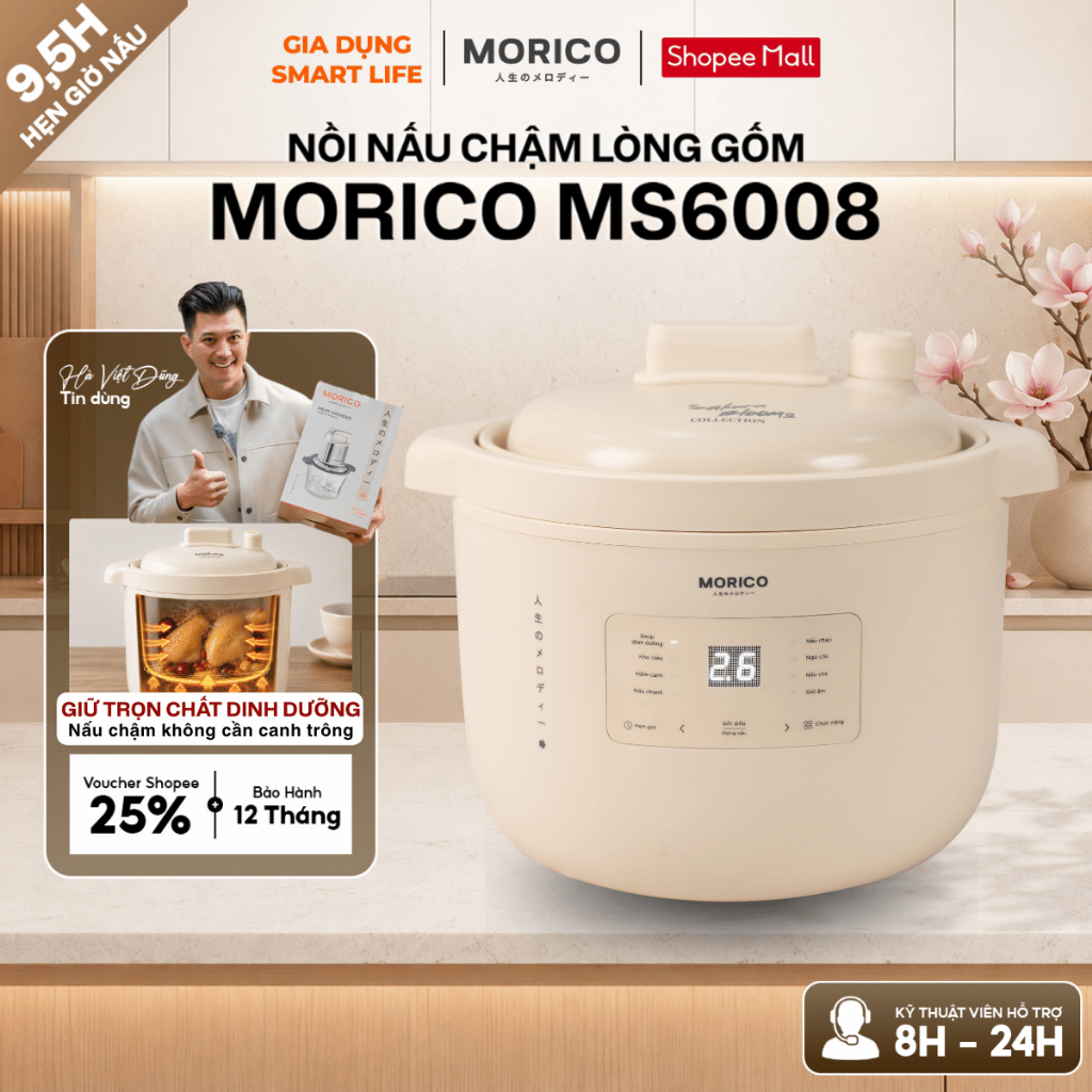 Nồi Nấu Chậm MORICO MS6008 2.5L, Giữ Ấm, Hẹn Giờ 9.5T, 8 Chế Độ, Gốm Ceramic An Toàn Sức Khỏe BH 24T