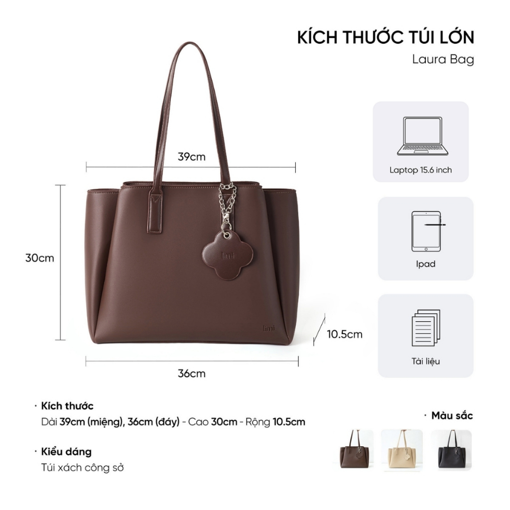 Túi xách công sở nữ da LIMI (3 màu) đựng laptop 15.6 tote da size lớn LAURA | BigBuy360 - bigbuy360.vn