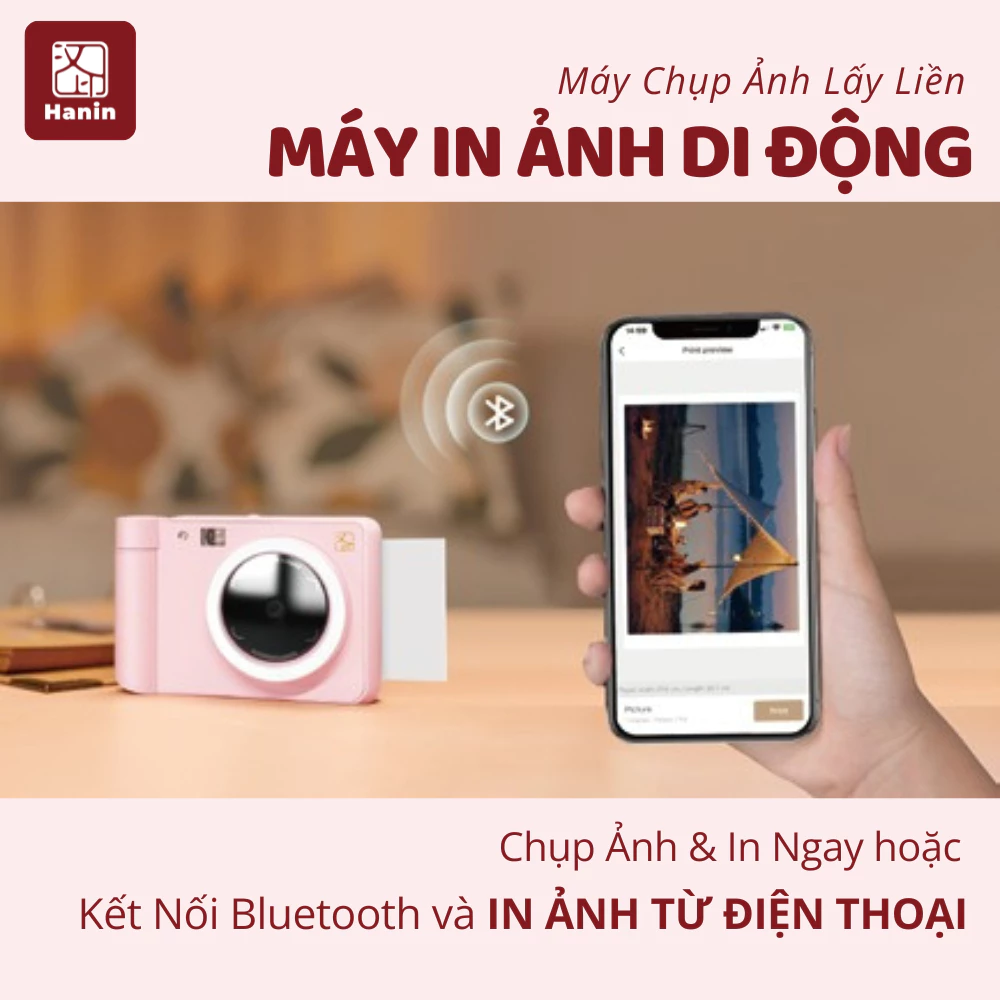 [TẶNG 5 ẢNH] Máy Ảnh Chụp Lấy Liền Hanin Z1 In Ảnh Từ Điện Thoại, Bluetooth 5.0 Lấy Nét Tự Động, Đèn Flash | Hanin