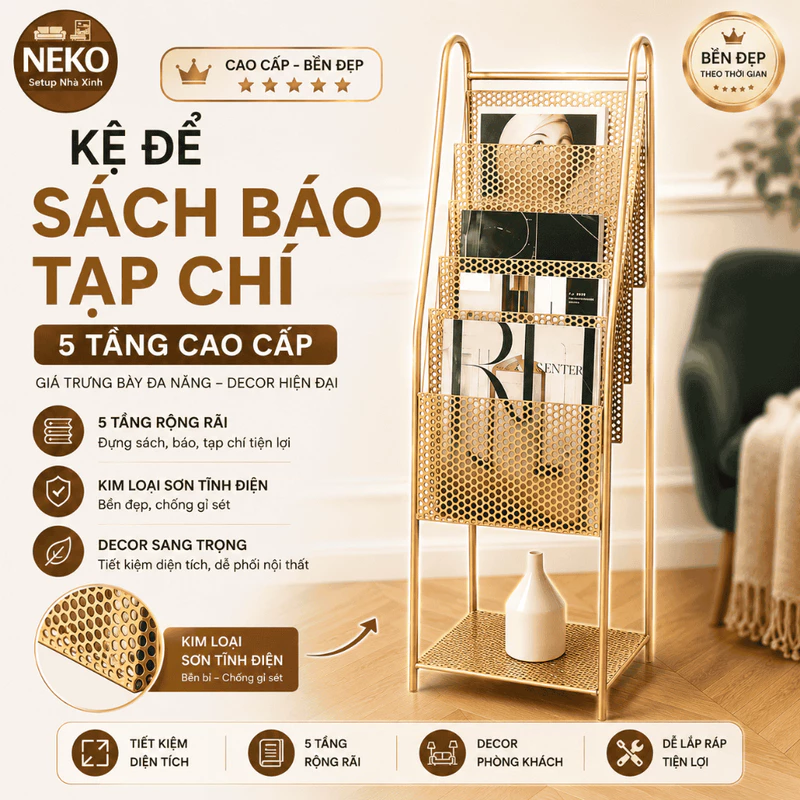 Kệ Để Sách Báo Tạp Chí 5 Tầng Cao Cấp – Giá Trưng Bày Đa Năng Bằng Kim Loại, Kệ Decor Phòng Khách Hiện Đại — ảnh 1