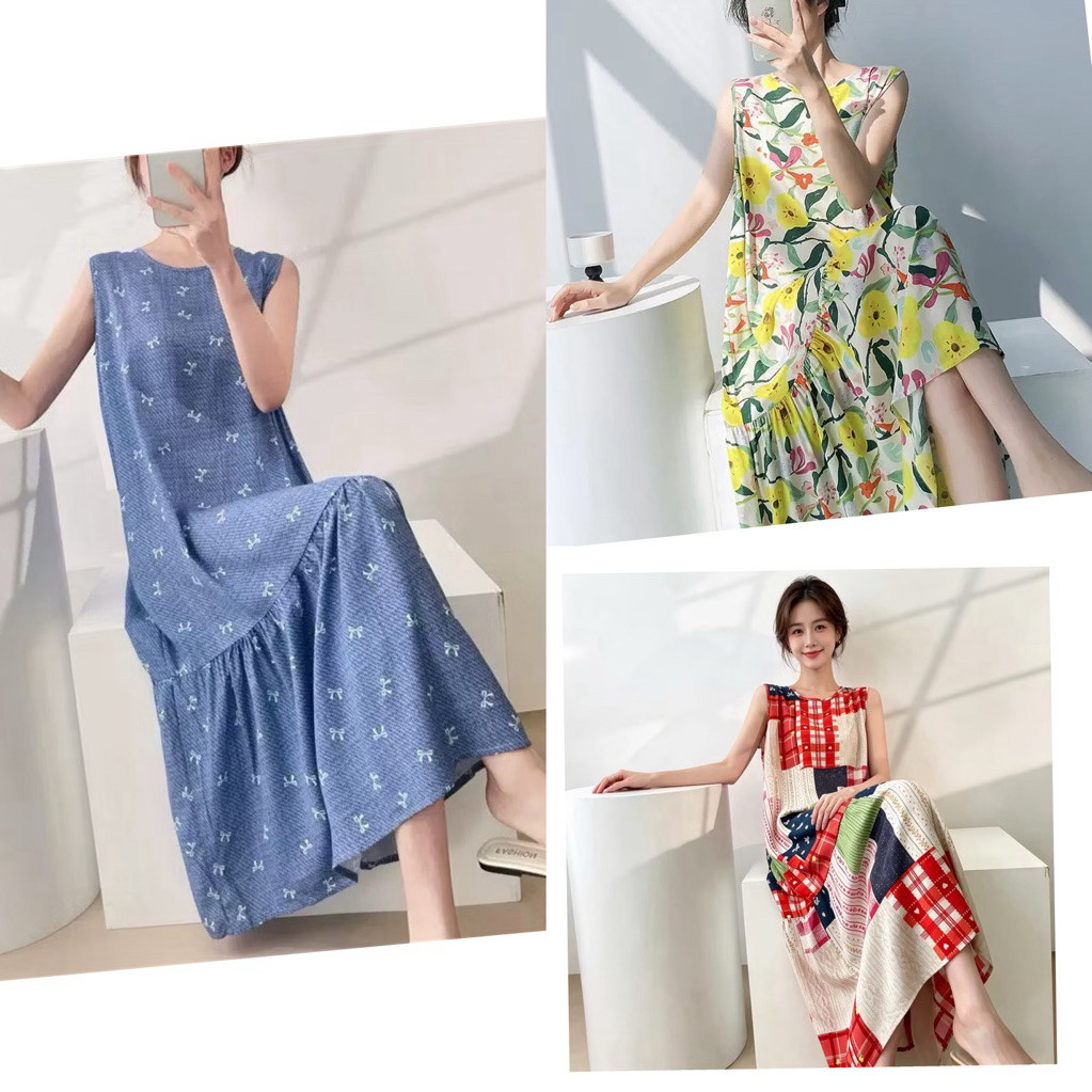 Váy sát nách mặc nhà lanh tole mềm mát phối rèm trước ngực from xuông SNRN8