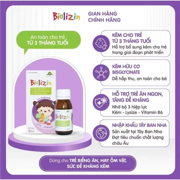 Kẽm Biolizin cho bé chai 50ml vị đào - Hỗ trợ bé ăn ngon, tăng cân, tăng đề kháng, cải thiện biếng ăn cho bé hiệu quả