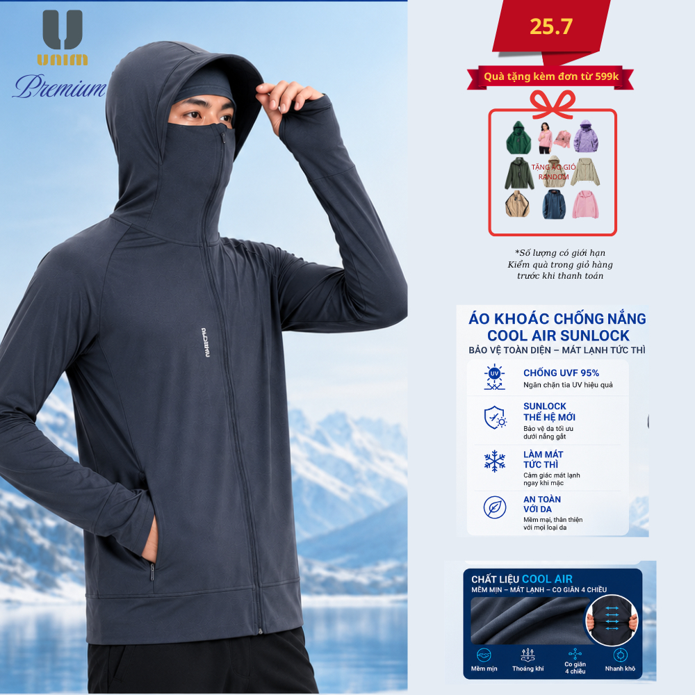 [Siêu Tốc]Áo Chống Nắng 2 Lớp Unisex UNIM Ngừa Tia UV SPF50 Chất Kim Cương Thông Hơi Tản Nhiệt Làm Mát Khóa Kéo Kín Mặt