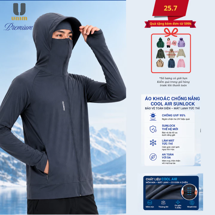 [Siêu Tốc]Áo Chống Nắng 2 Lớp Unisex UNIM Ngừa Tia UV SPF50 Chất Kim Cương Thông Hơi Tản Nhiệt Làm Mát Khóa Kéo Kín Mặt