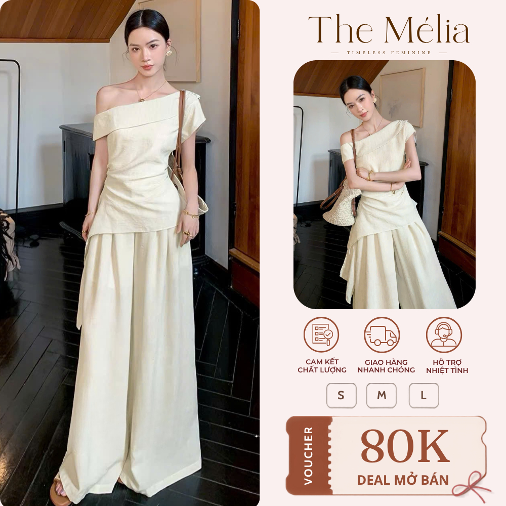 [VOUCHER MỞ BÁN 80K] Set Bộ Nữ Áo Lệch Vai Xếp Ly Quấn Eo Form Rộng Thanh Lịch Sang Trọng Mặc Đi Làm Đi Chơi Du Lịch