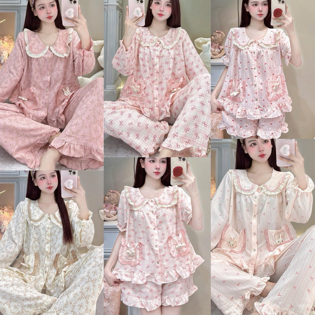 [MẪU THU ĐÔNG] Bộ Đồ Ngủ Nữ JUSOKA Pijama Cổ Phối Nơ Chất Đũi Hàn Siêu Xinh DU50 Nhiều Họa Tiết Dễ Thương