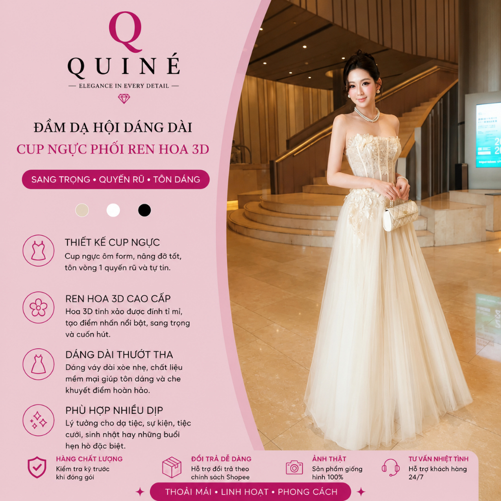 Đầm Dạ Hội Dáng Dài Cup Ngực Phối Ren Hoa 3D Sang Trọng – Váy Maxi Cao Cấp Tôn Dáng Thanh Lịch Dự Tiệc