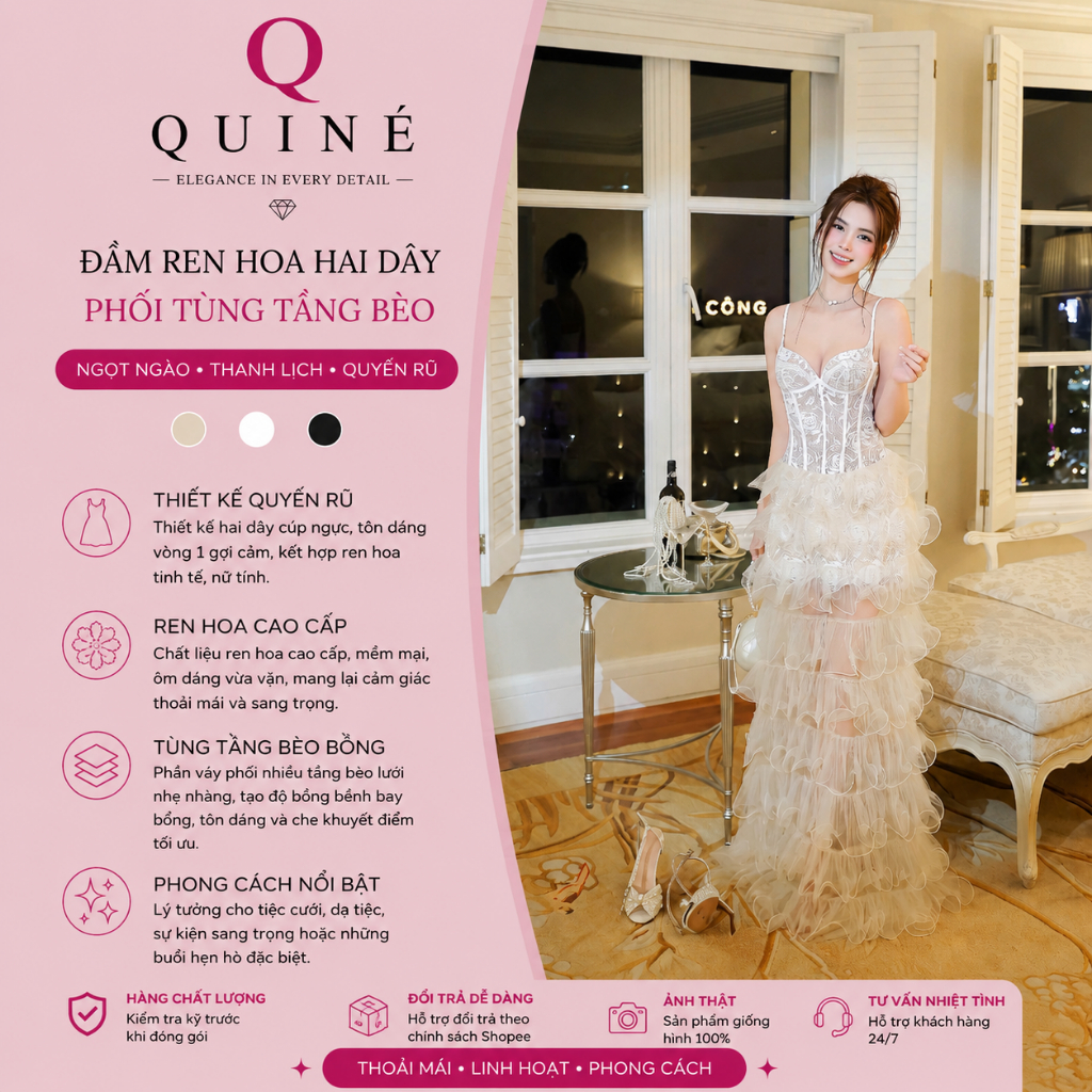 Đầm Ren Hoa Hai Dây Phối Tùng Tầng Bèo Sang Trọng – Váy Xòe Cao Cấp Tiểu Thư Bồng Bềnh Dự Tiệc Tôn Dáng