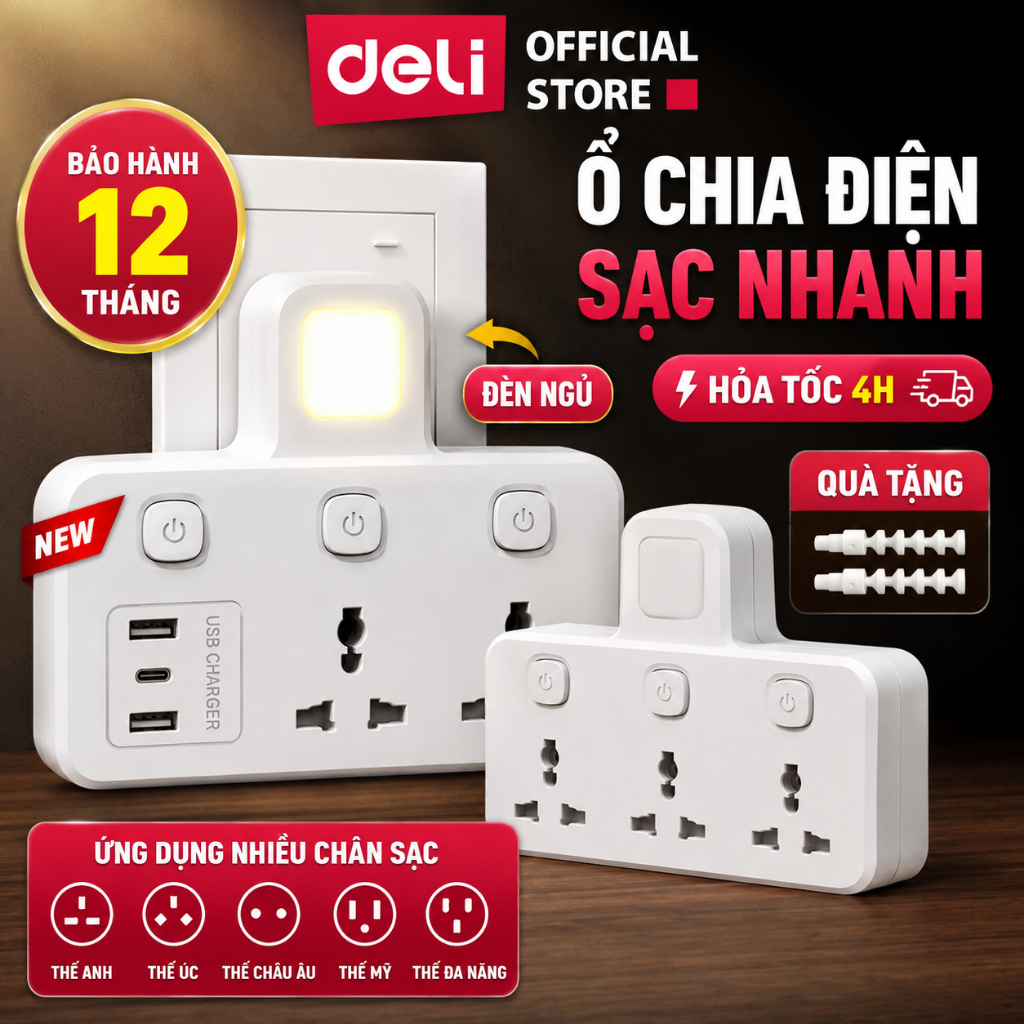[HỎA TỐC] Ổ Chia Điện Đa Năng Deli Ổ Cắm Chia Điện 2500W Tích Hợp Cổng USB &TypeC Cải Tiến Sạc Nhanh Tiện Lợi