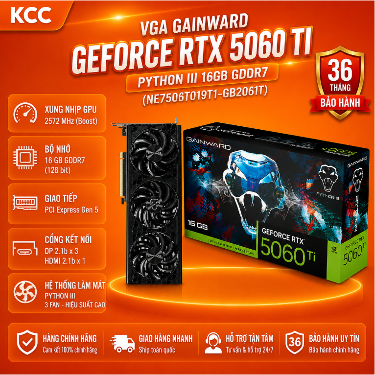 VGA GAINWARD GEFORCE RTX 5060 TI PYTHON III 16GB GDDR7 (NE7506T019T1-GB2061T)  bảo hành 3 năm chính hãng