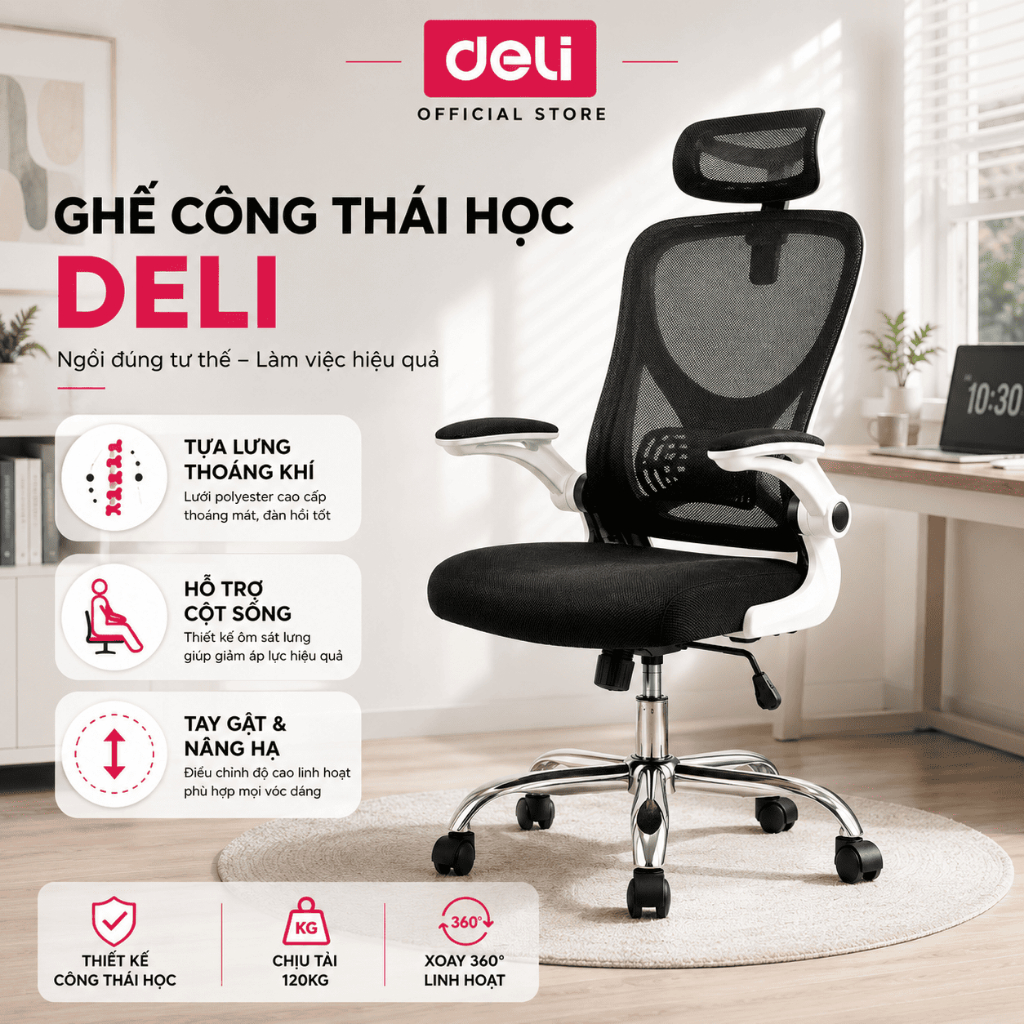 Ghế Xoay Văn Phòng Deli Công Thái Học Có Tựa Đầu Tựa Tay Có Thể Điều Chỉnh Độ Cao Chống Gù Lưng