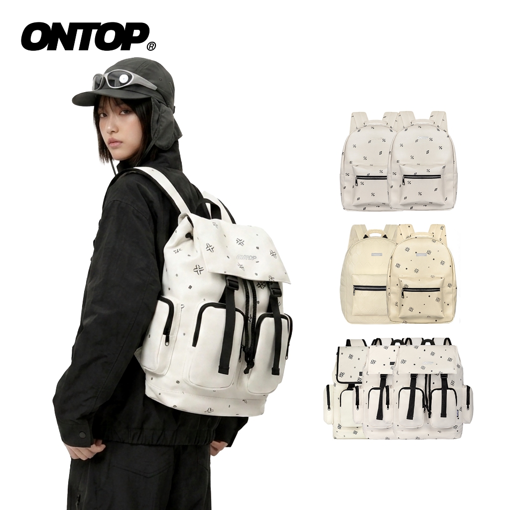 Balo da họa tiết màu kem monogram ONTOP chống nước, nhiều ngăn đi học | Cặp Level O-P10_O-P26
