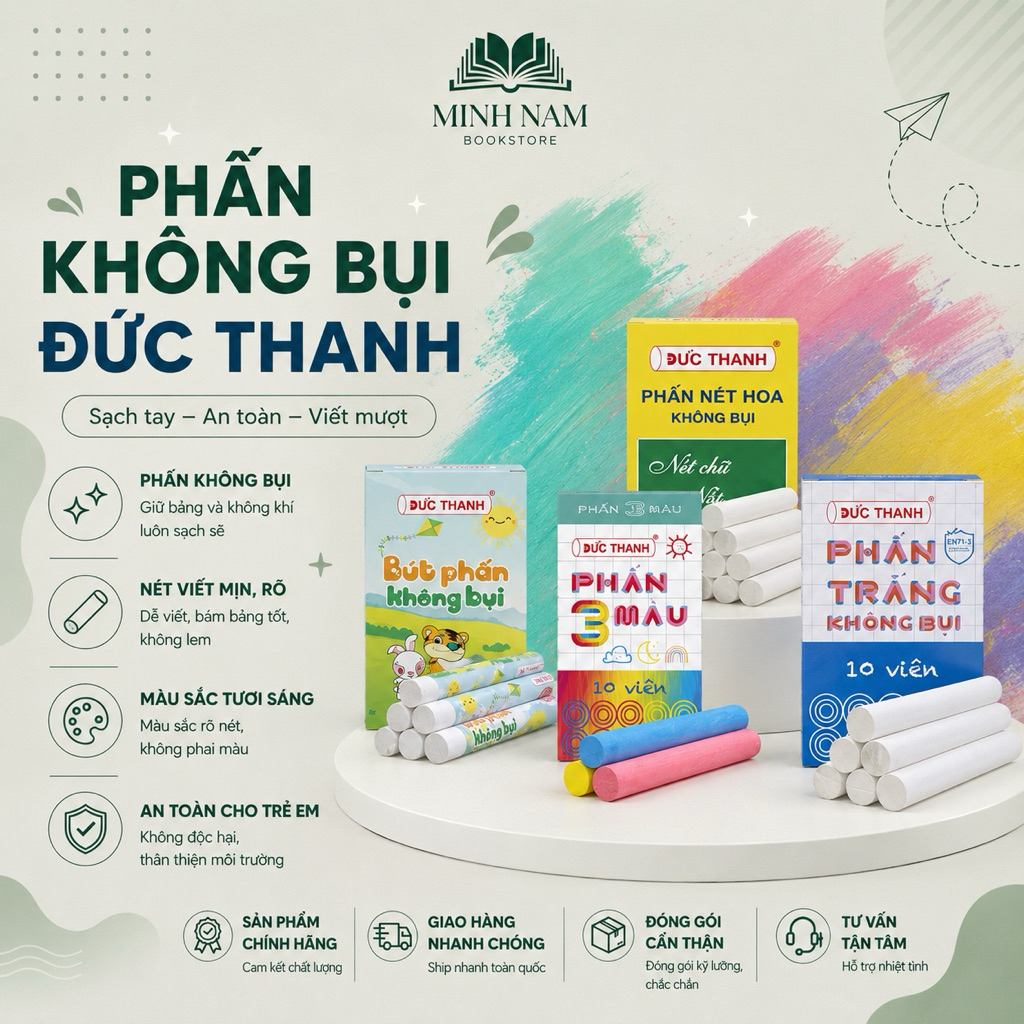 (Combo 5 hộp) Phấn Đức Thanh theo chương trình luyện chữ đẹp (phấn trắng/ phấn 3 màu/phấn cuộn giấy) Đức Thanh