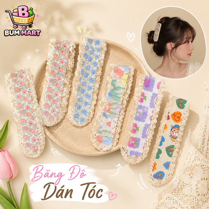 Băng Đô Dán Tóc Họa Tiết Hoa Viền Ren, Miếng Dán Giữ Tóc Gọn Nhẹ Không Cần Kẹp