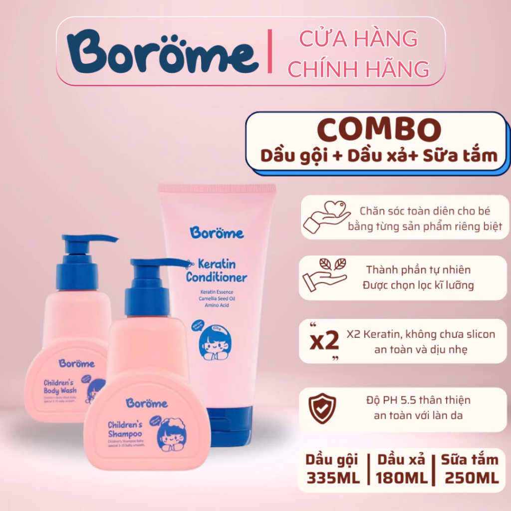 Combo dầu gội + dầu xả + sữa tắm trẻ em Borome công thức dịu nhẹ, dung tích 335ml