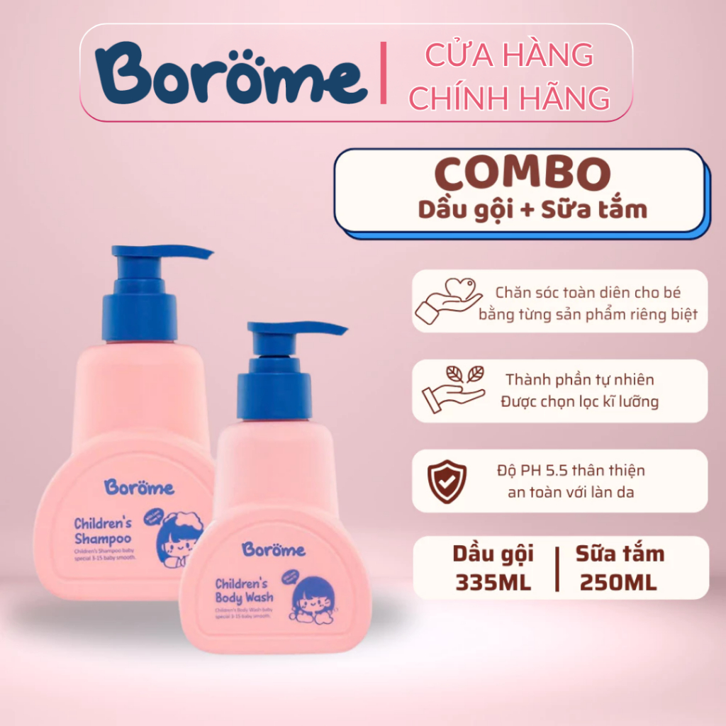 Combo dầu gội sữa tắm trẻ em Borome thành phần lành tính, an toàn khi sử dụng, dung tích 335ml