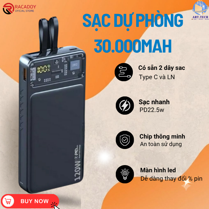 Sạc dự phòng 30000mAh sạc nhanh 120W kèm 2 dây Type C &Ln Màn hình led % Pin sạc 3 thiết bị cùng lúc