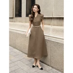 BBSTORE'S Đầm Xòe Công Sở Cotton Dài Cổ V Lá Cổ Lật Tay Ngắn - DAH21A — ảnh 2