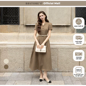 BBSTORE'S Đầm Xòe Công Sở Cotton Dài Cổ V Lá Cổ Lật Tay Ngắn - DAH21A
